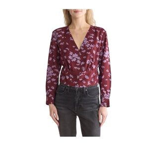 Madewell V-Neck Button-Front Shirt Red Purple Floral Size Small Maroon Wine